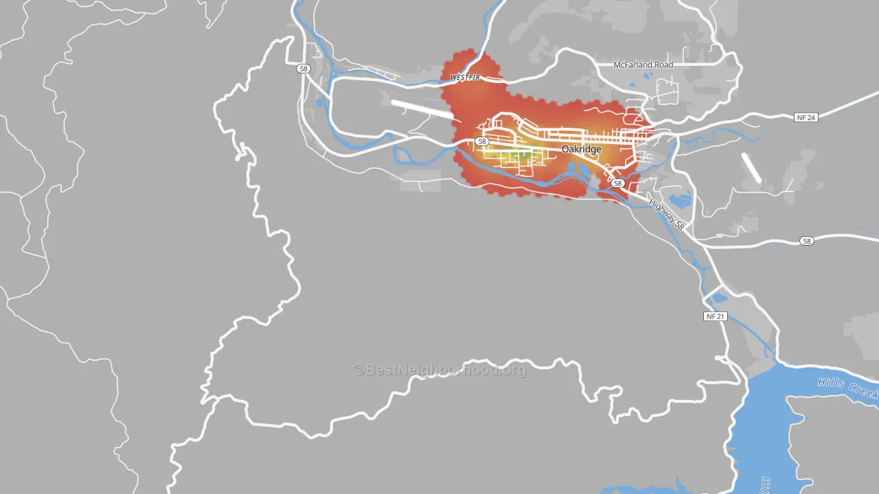 Walk Grade map of Willamette City, OR, walkable areas in green and car-dependent areas in red