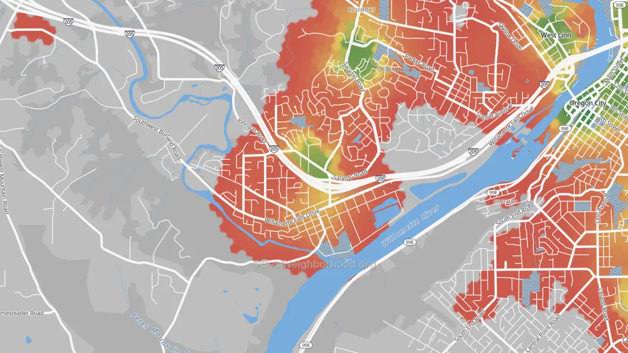 Walk Grade map of Willamette-West Linn, West Linn, OR, walkable areas in green and car-dependent areas in red
