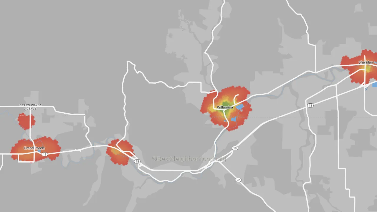 Walk Grade map of Willamina, OR, walkable areas in green and car-dependent areas in red
