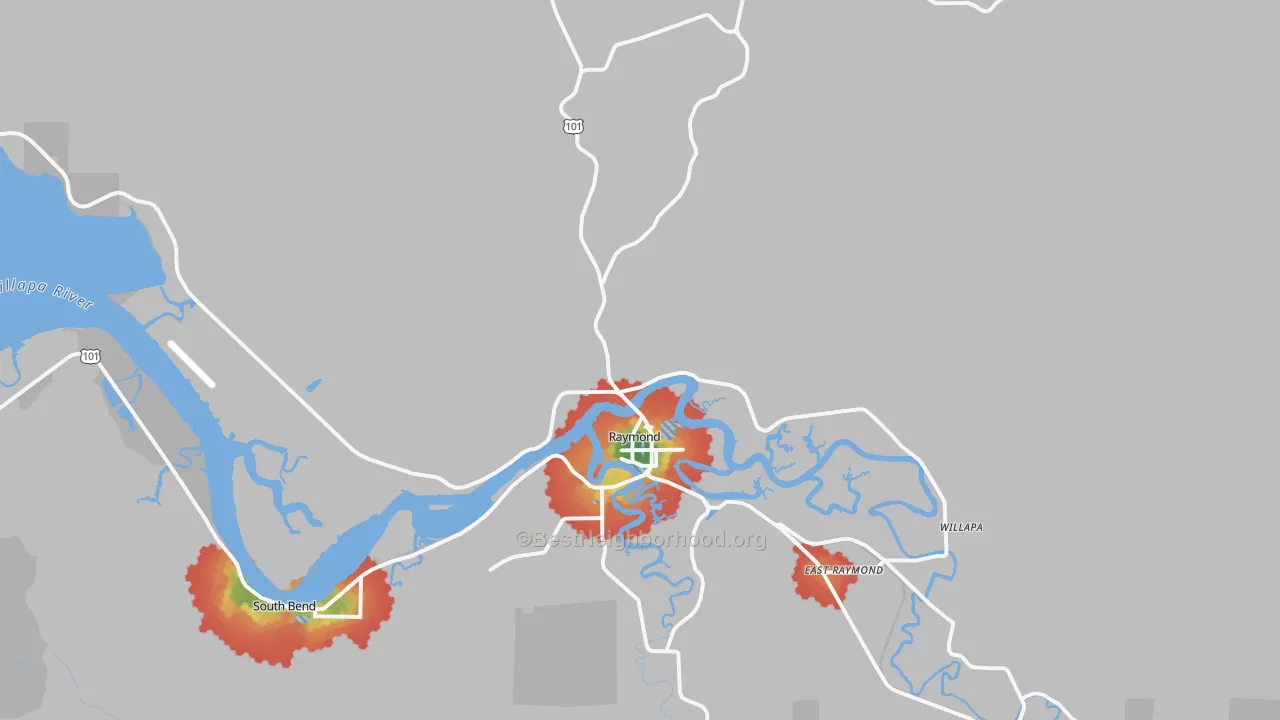 Walk Grade map of Willapa, WA, walkable areas in green and car-dependent areas in red