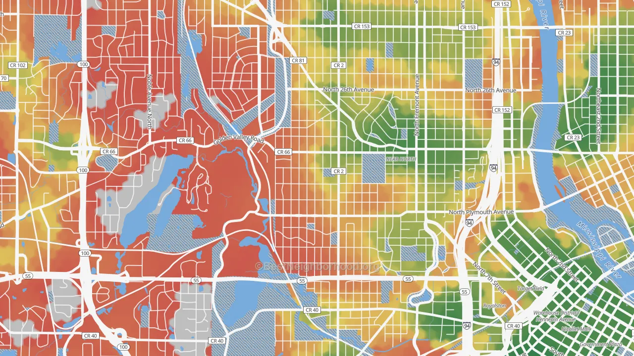 Walk Grade map of Willard-Hay, Minneapolis, MN, walkable areas in green and car-dependent areas in red
