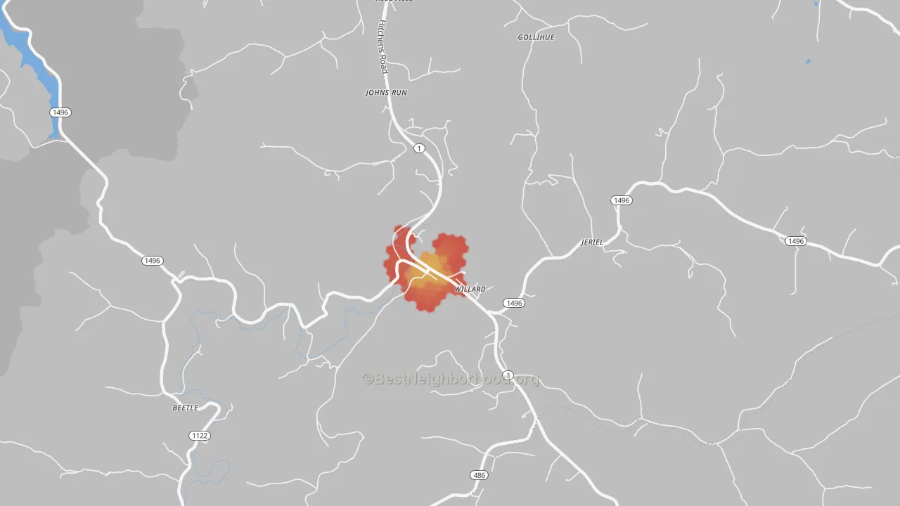 Walk Grade map of Willard, KY, walkable areas in green and car-dependent areas in red