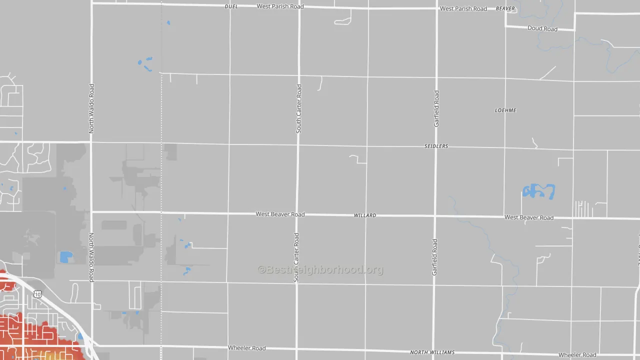 Walk Grade map of Willard, MI, walkable areas in green and car-dependent areas in red
