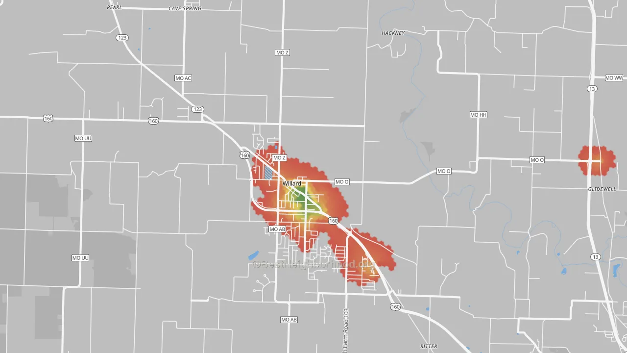 Walk Grade map of Willard, MO, walkable areas in green and car-dependent areas in red