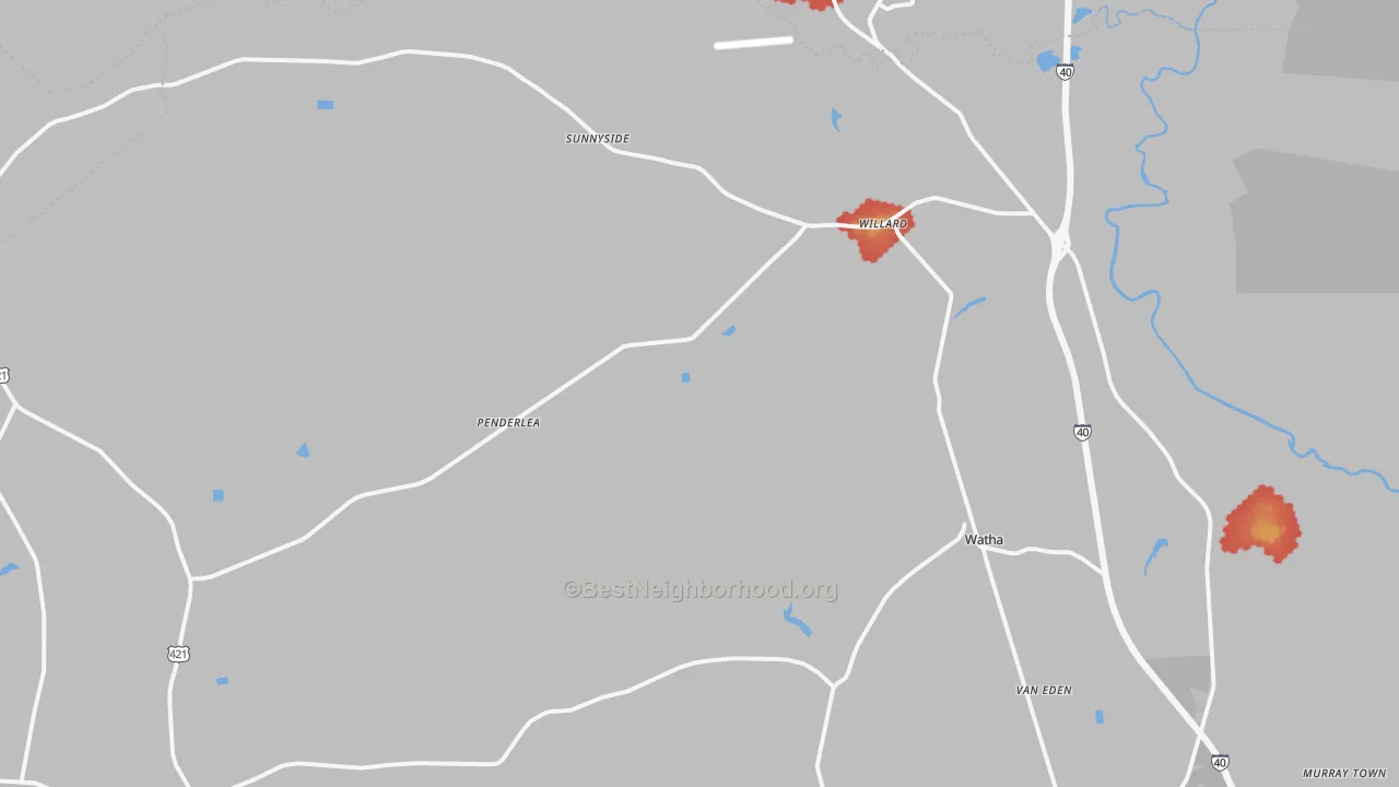 Walk Grade map of Willard, NC, walkable areas in green and car-dependent areas in red