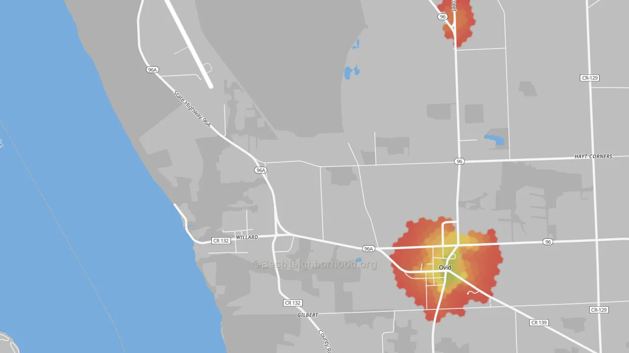 Walk Grade map of Willard, NY, walkable areas in green and car-dependent areas in red