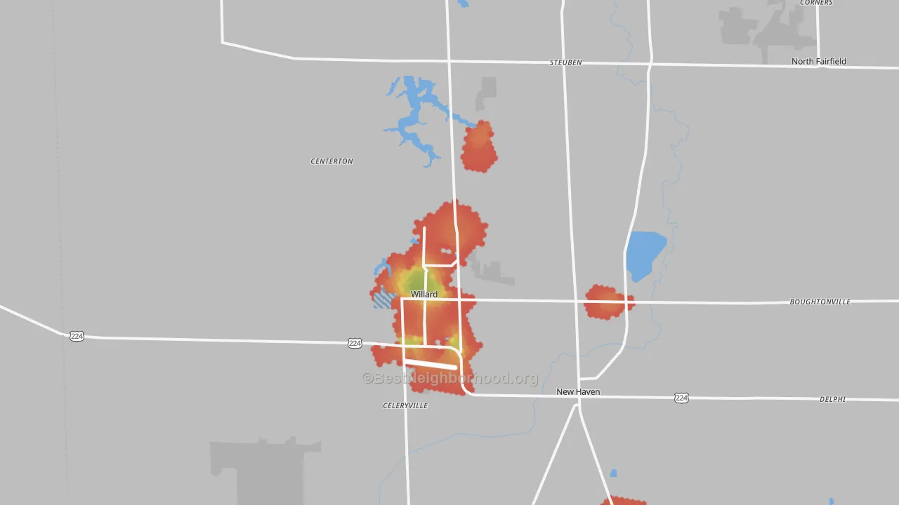 Walk Grade map of Willard, OH, walkable areas in green and car-dependent areas in red
