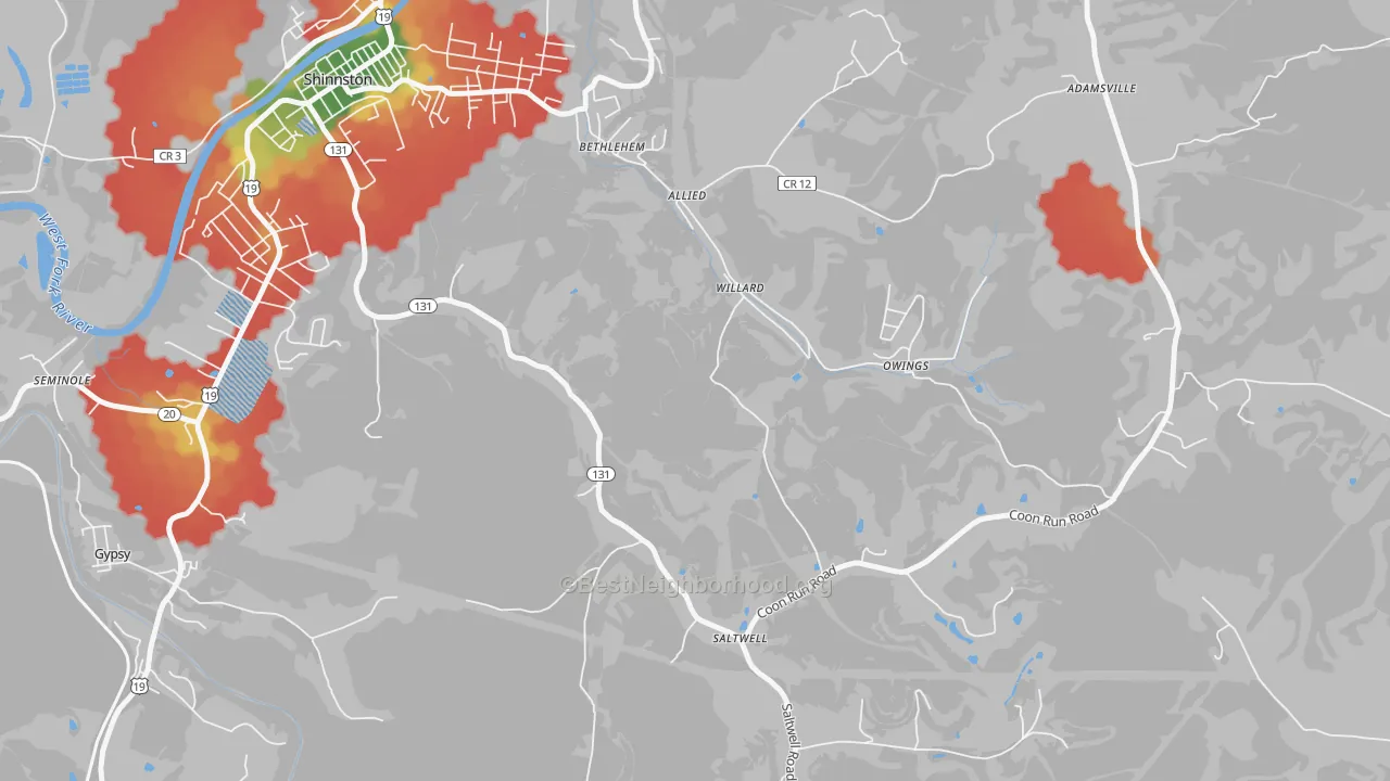 Walk Grade map of Willard, WV, walkable areas in green and car-dependent areas in red