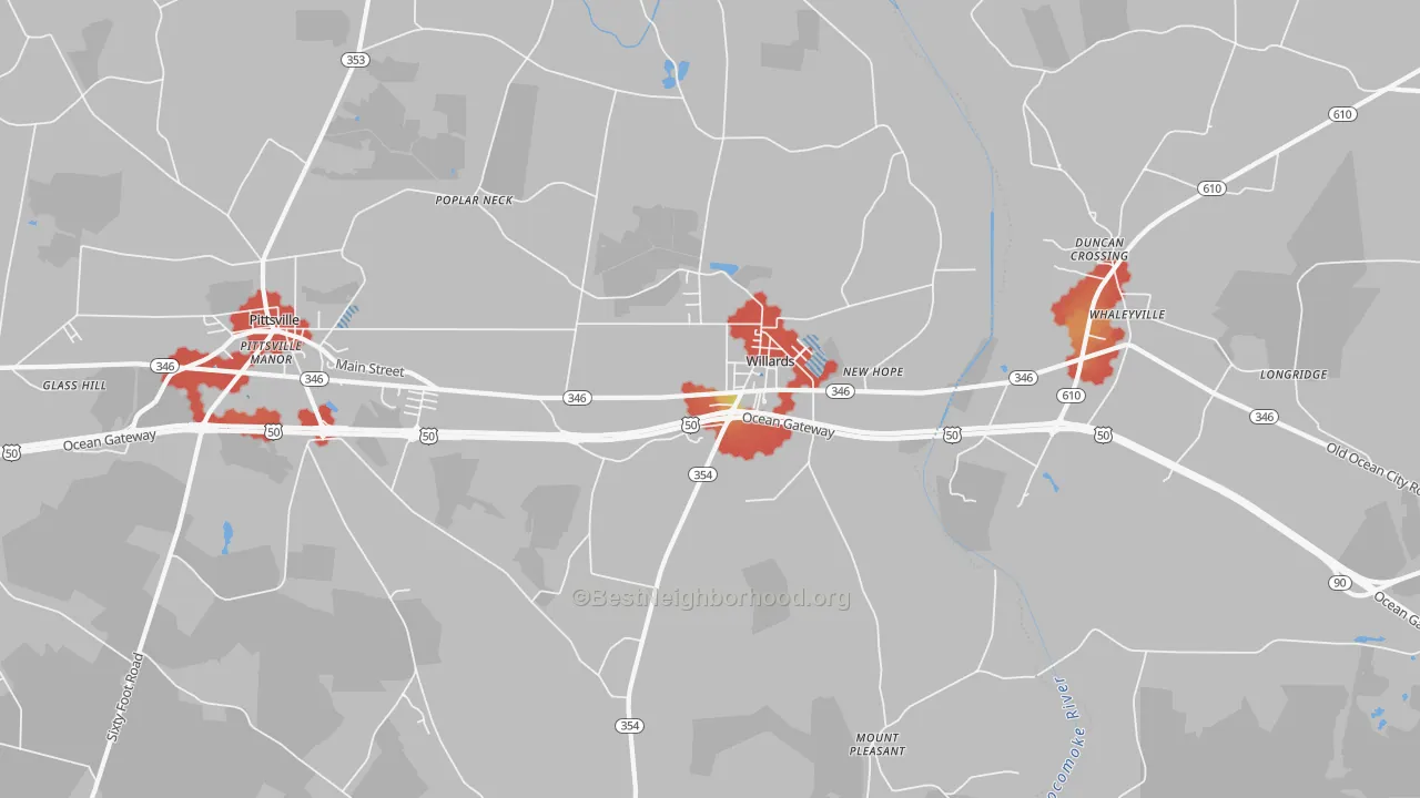 Walk Grade map of Willards, MD, walkable areas in green and car-dependent areas in red