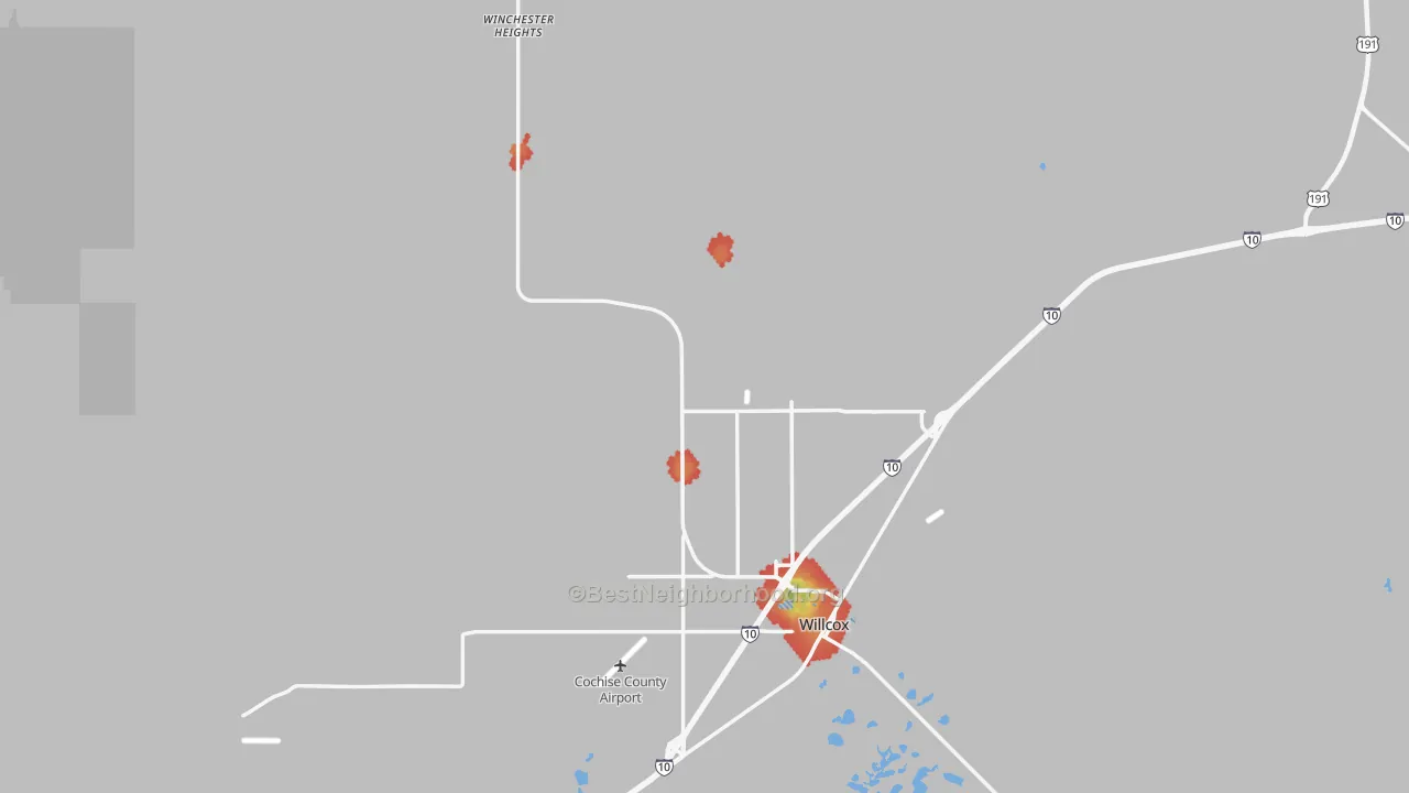 Walk Grade map of Willcox, AZ, walkable areas in green and car-dependent areas in red