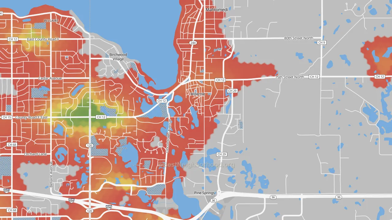 Walk Grade map of Willernie, MN, walkable areas in green and car-dependent areas in red