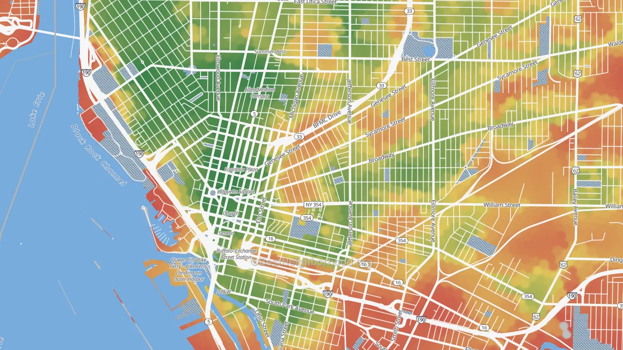 Walk Grade map of Willert Park, Buffalo, NY, walkable areas in green and car-dependent areas in red