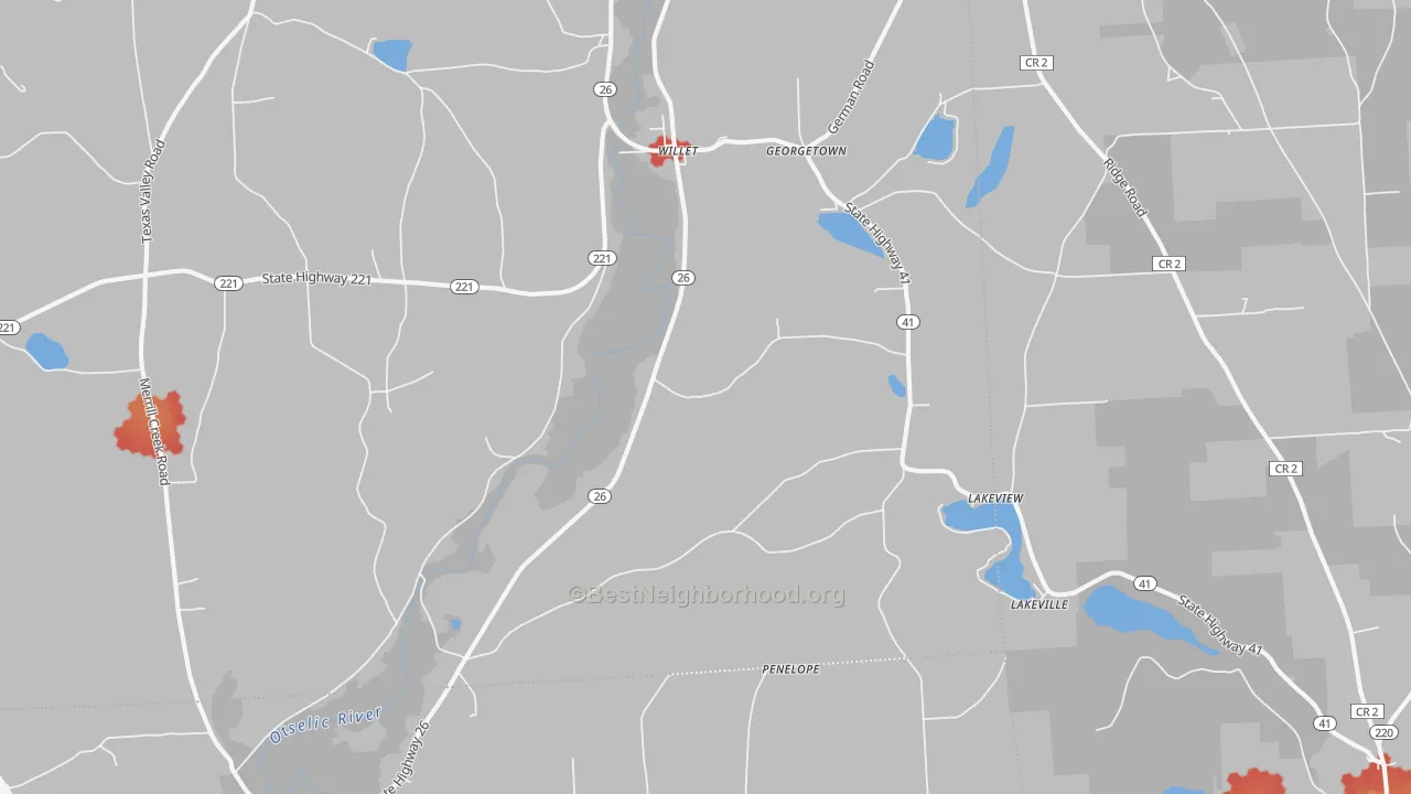 Walk Grade map of Willet, NY, walkable areas in green and car-dependent areas in red