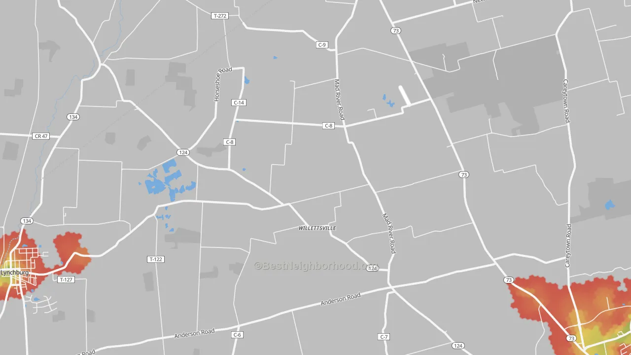 Walk Grade map of Willettsville, OH, walkable areas in green and car-dependent areas in red