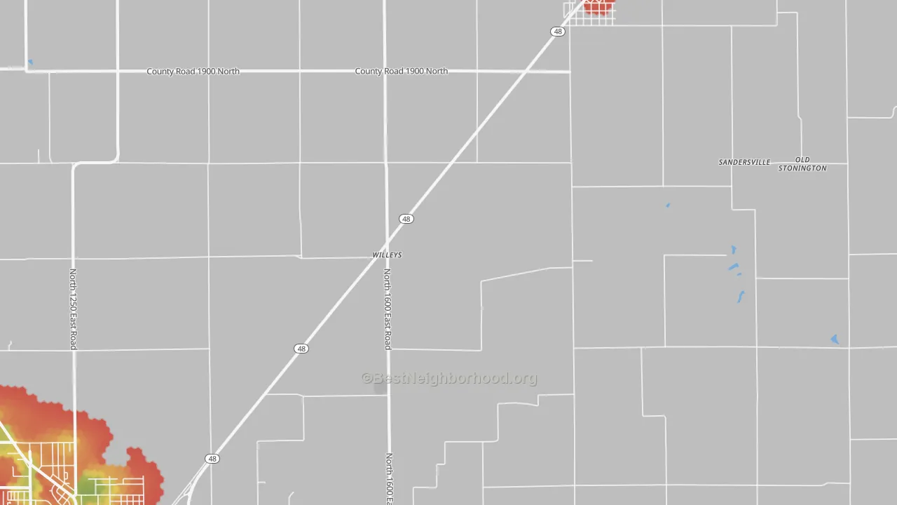 Walk Grade map of Willeys, IL, walkable areas in green and car-dependent areas in red