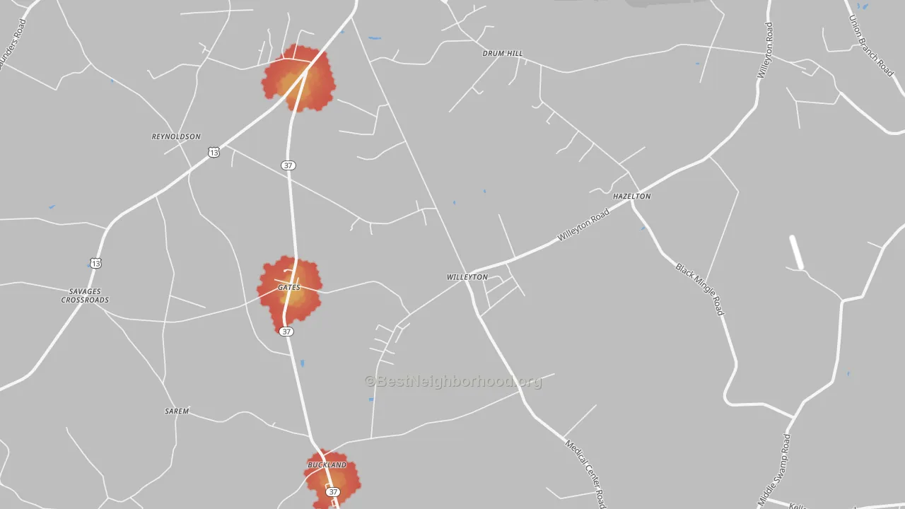 Walk Grade map of Willeyton, NC, walkable areas in green and car-dependent areas in red