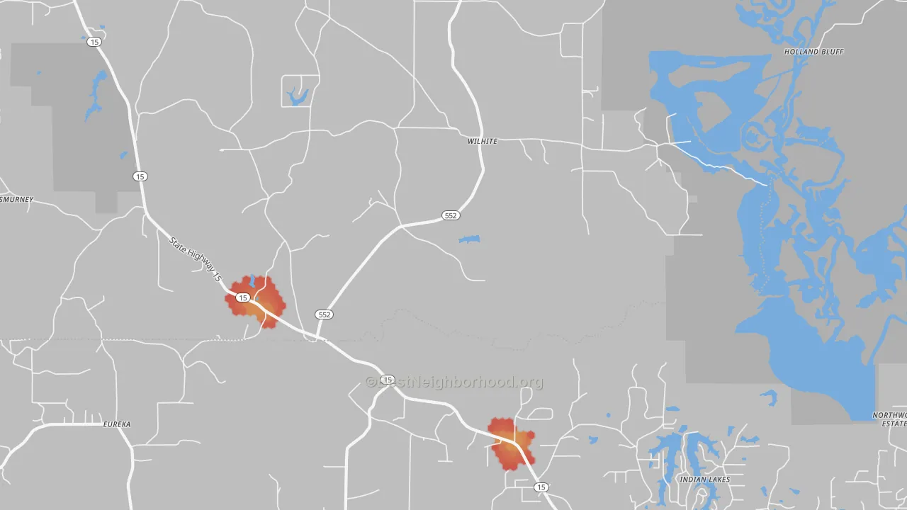 Walk Grade map of Willhite, LA, walkable areas in green and car-dependent areas in red