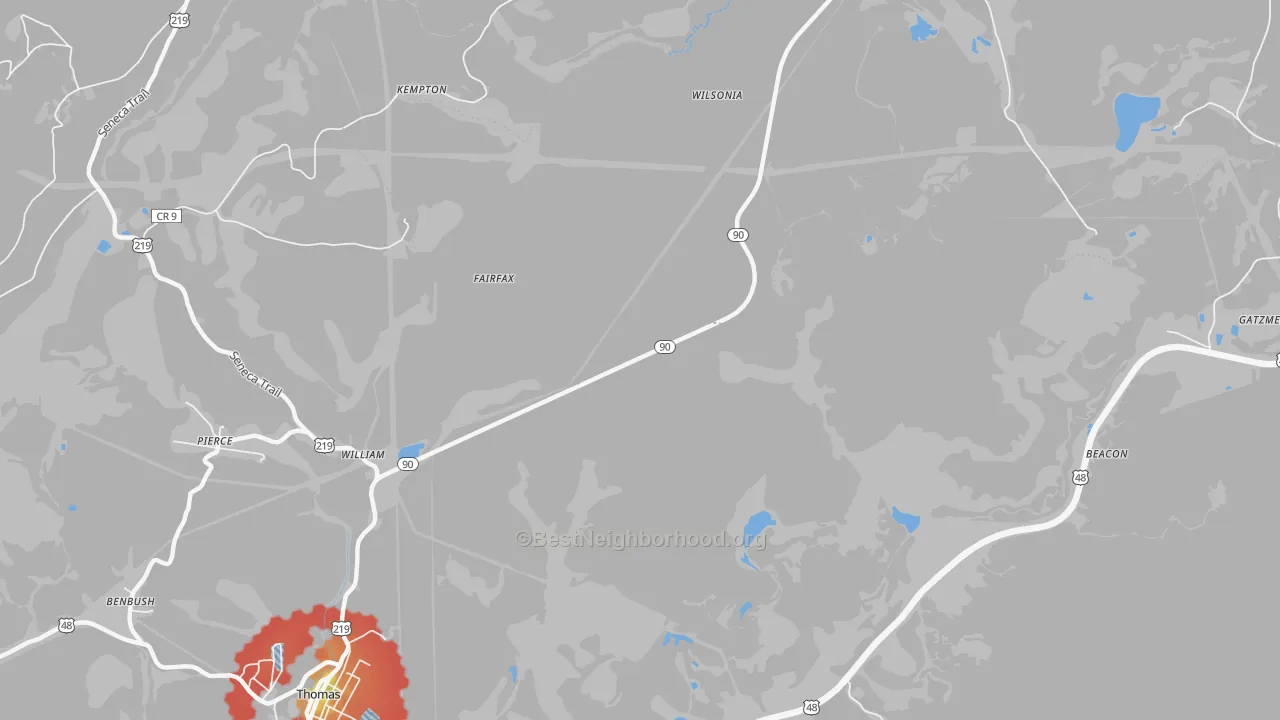 Walk Grade map of William, WV, walkable areas in green and car-dependent areas in red