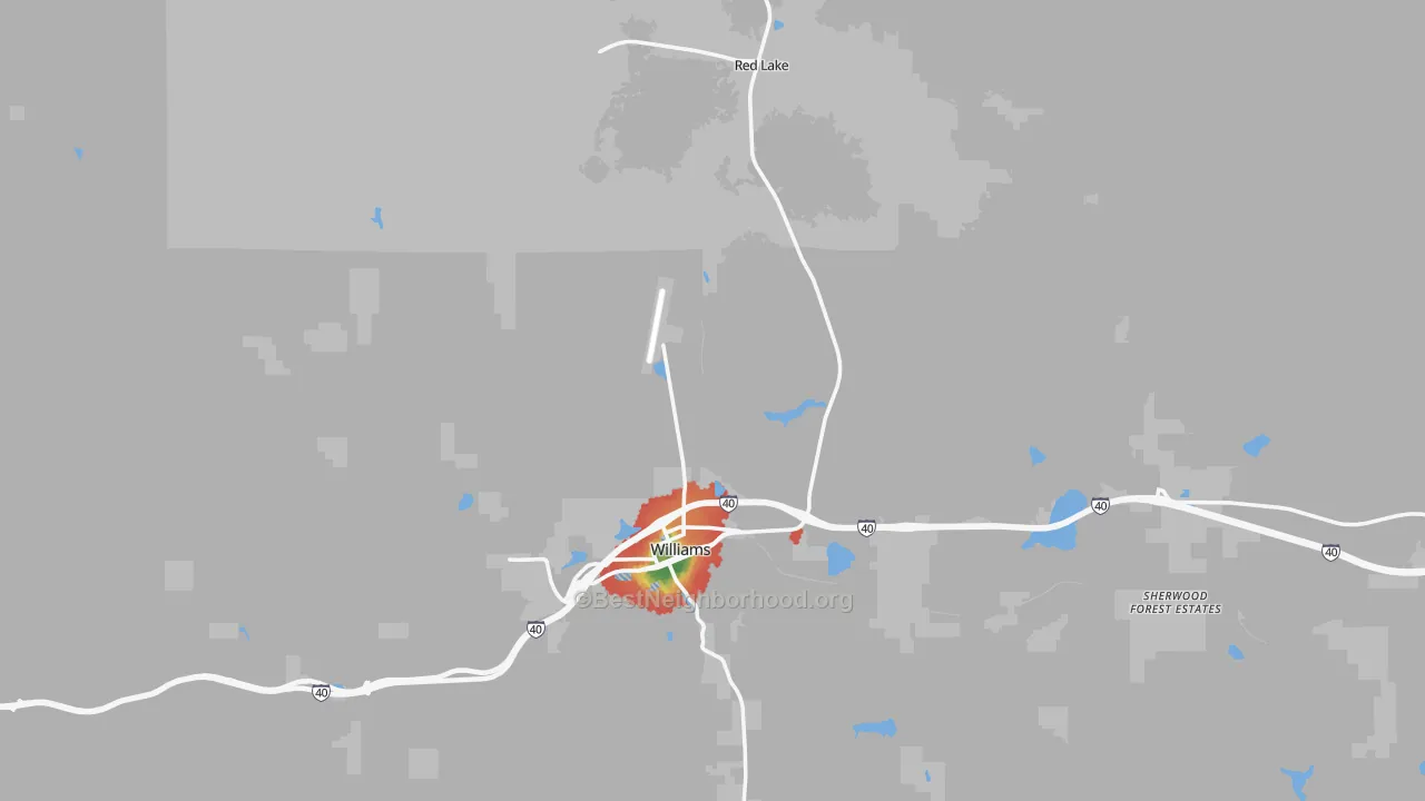 Walk Grade map of Williams, AZ, walkable areas in green and car-dependent areas in red