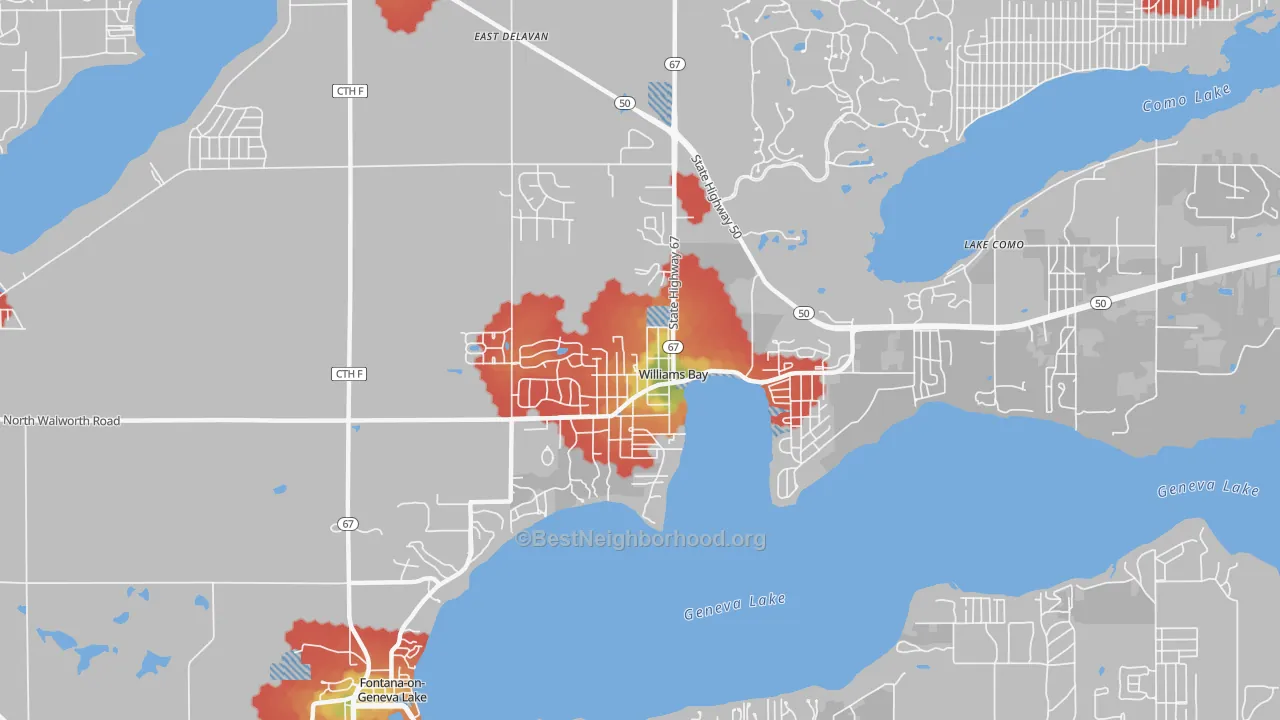 Walk Grade map of Williams Bay, WI, walkable areas in green and car-dependent areas in red