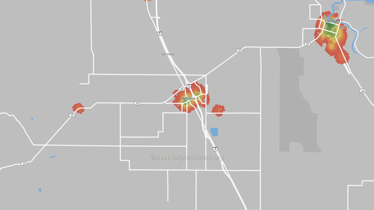 Walk Grade map of Williams, CA, walkable areas in green and car-dependent areas in red