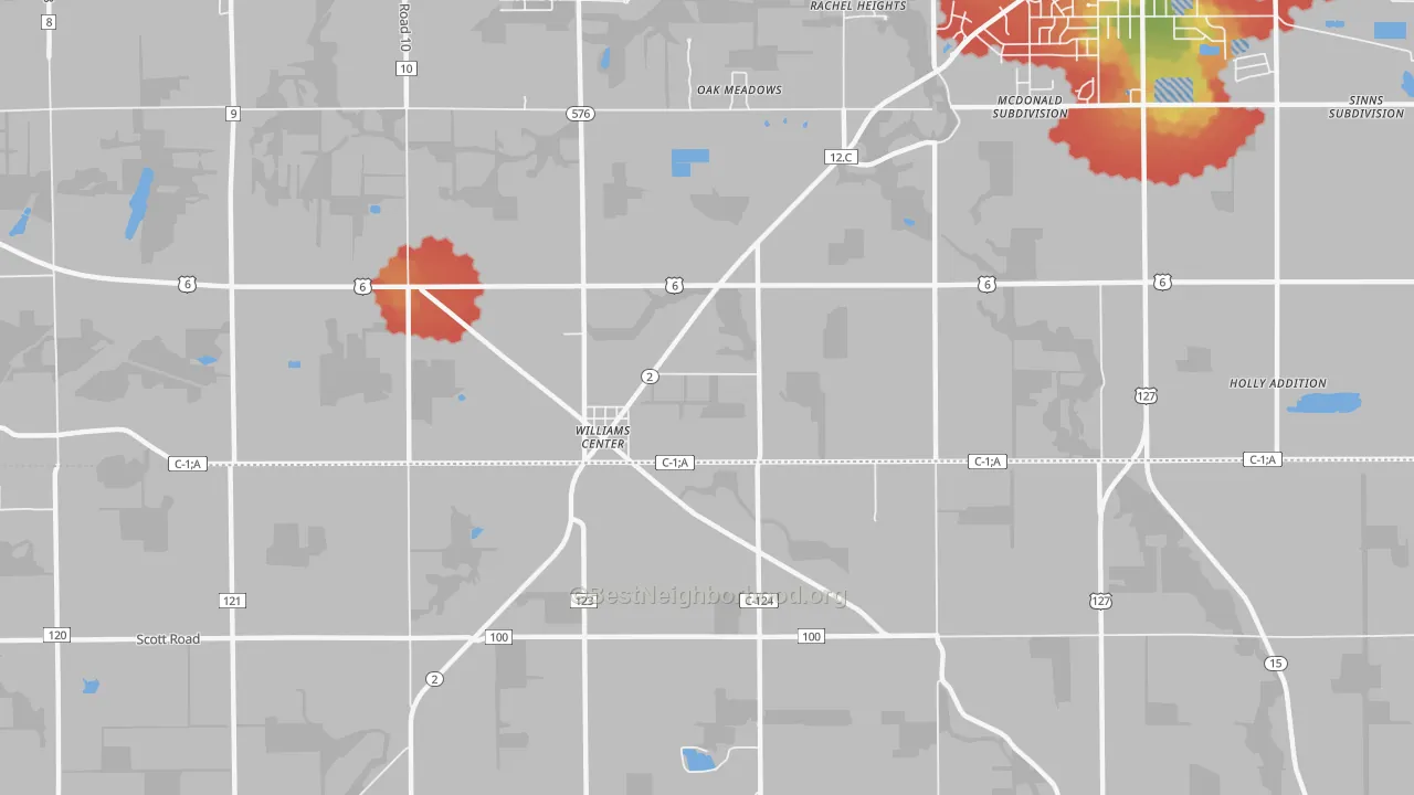 Walk Grade map of Williams Center, OH, walkable areas in green and car-dependent areas in red