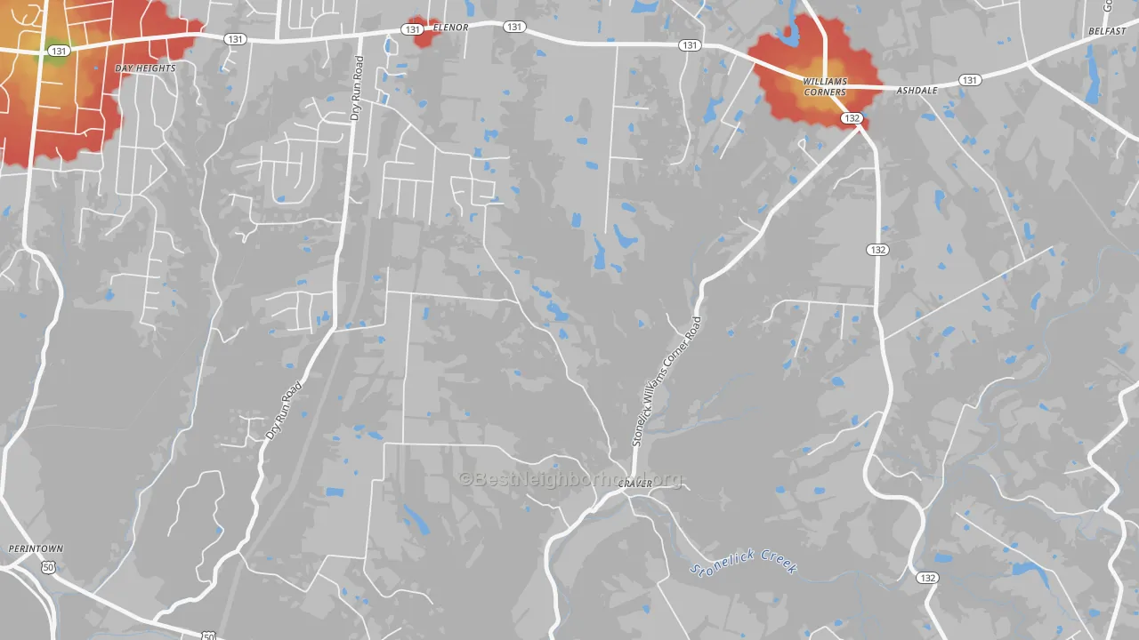 Walk Grade map of Williams Corner, OH, walkable areas in green and car-dependent areas in red