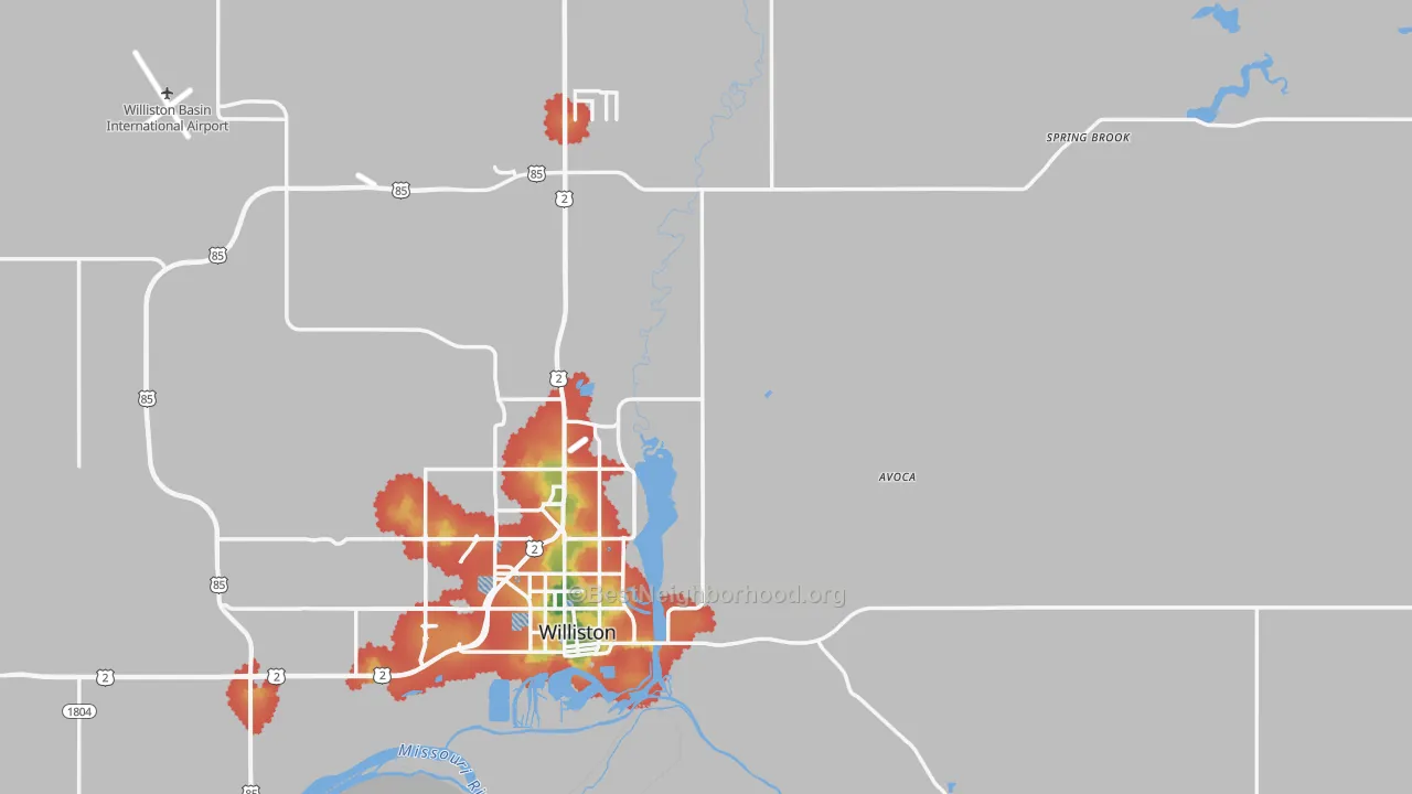 Walk Grade map of Williams County, ND, walkable areas in green and car-dependent areas in red