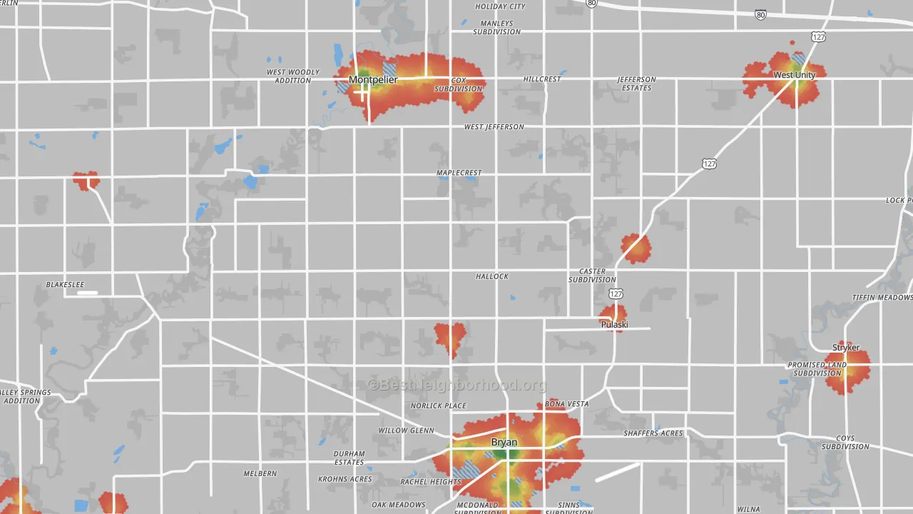 Walk Grade map of Williams County, OH, walkable areas in green and car-dependent areas in red