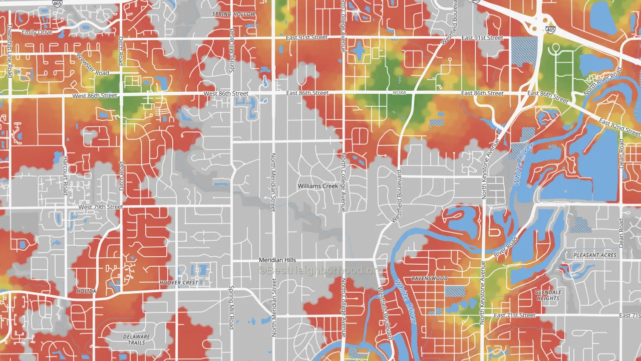 Walk Grade map of Williams Creek, IN, walkable areas in green and car-dependent areas in red