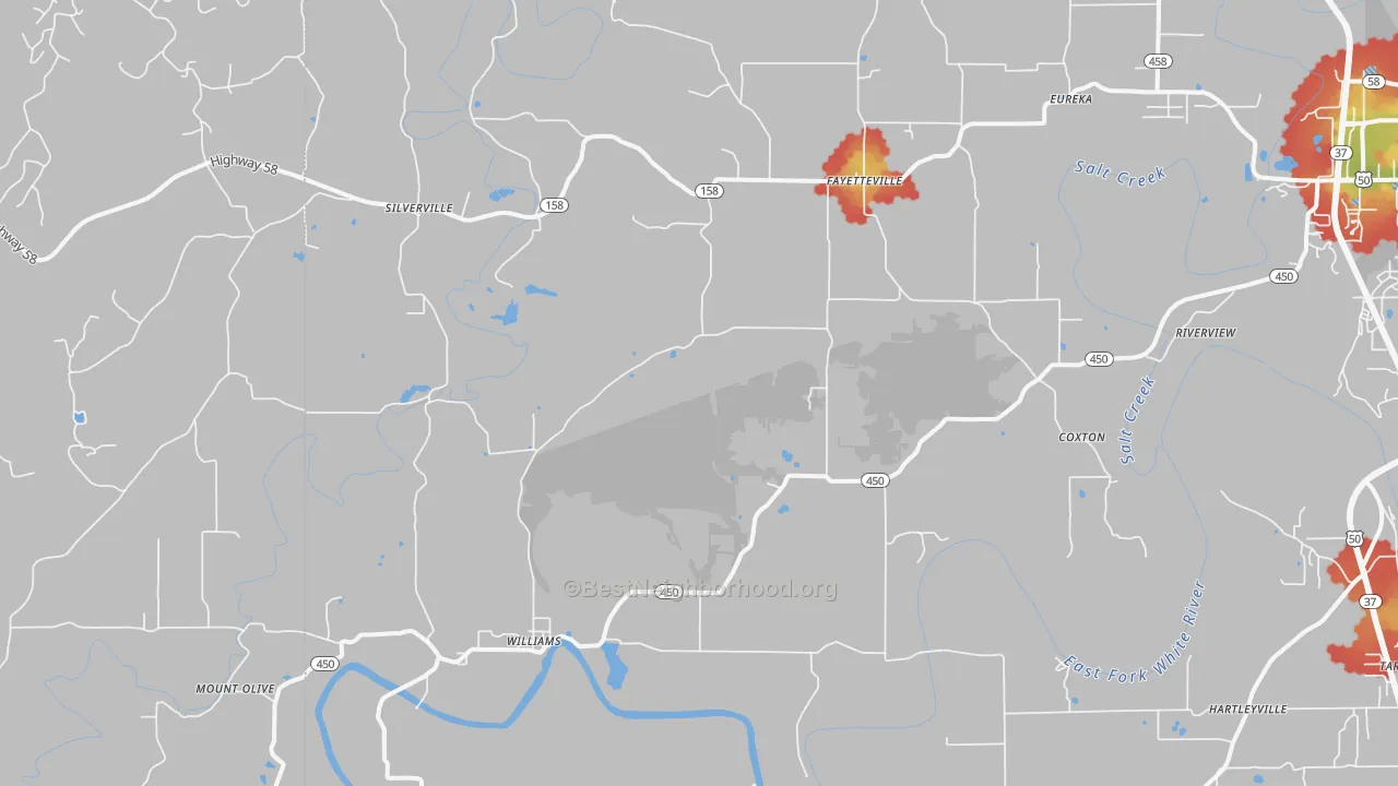 Walk Grade map of Williams, IN, walkable areas in green and car-dependent areas in red