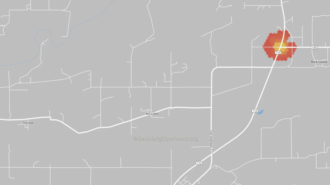 Walk Grade map of Williams, OK, walkable areas in green and car-dependent areas in red