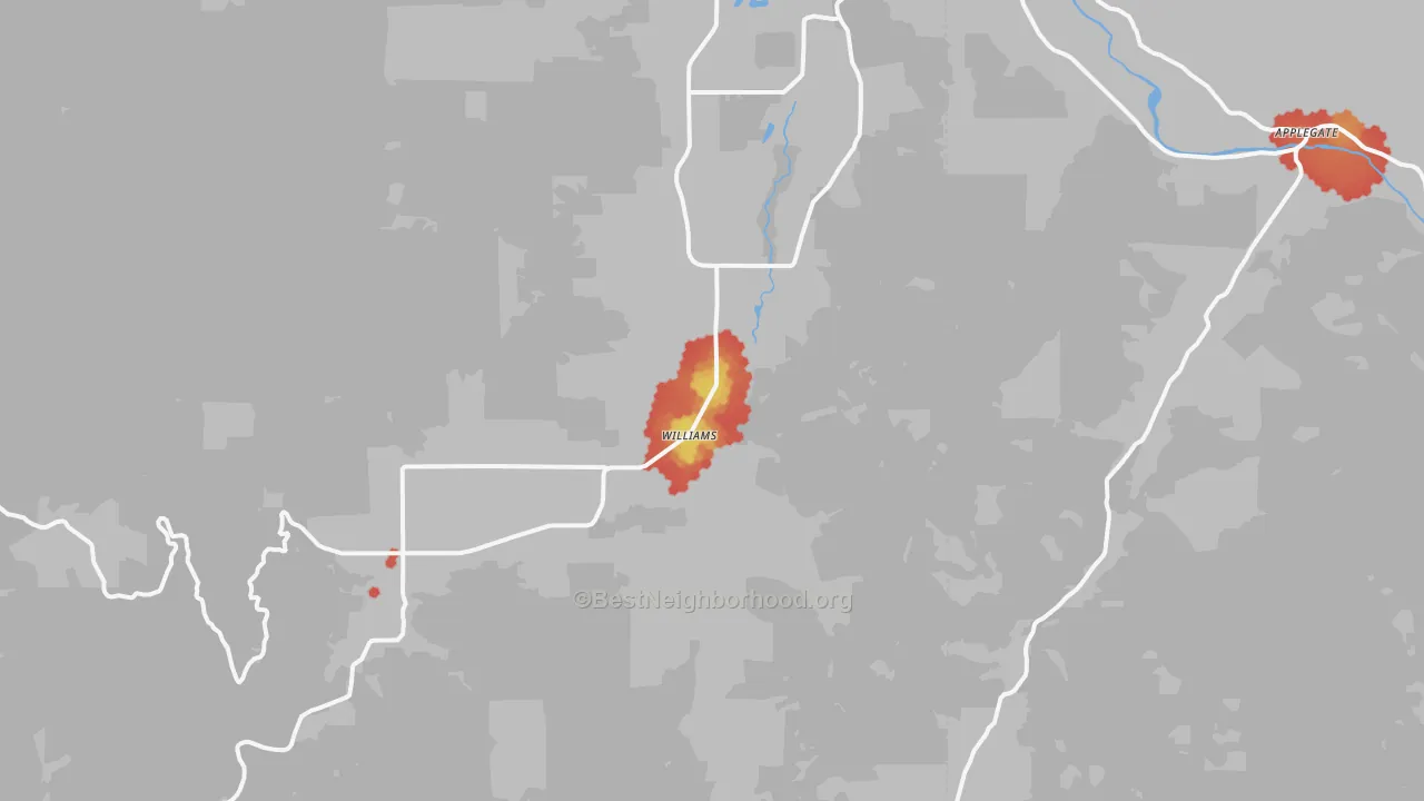 Walk Grade map of Williams, OR, walkable areas in green and car-dependent areas in red