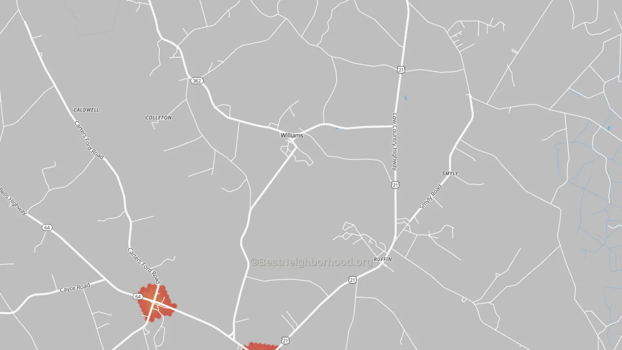 Walk Grade map of Williams, SC, walkable areas in green and car-dependent areas in red
