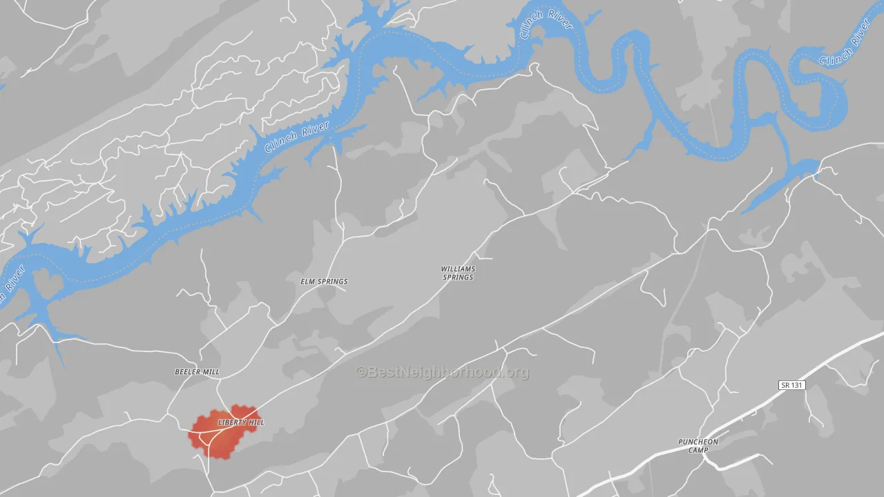 Walk Grade map of Williams Springs, TN, walkable areas in green and car-dependent areas in red