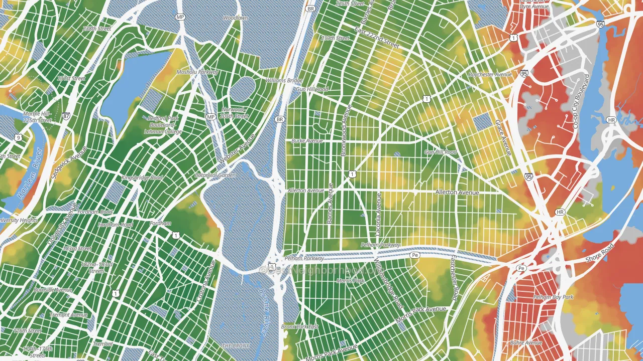 Walk Grade map of Williamsbridge, Bronx, NY, walkable areas in green and car-dependent areas in red