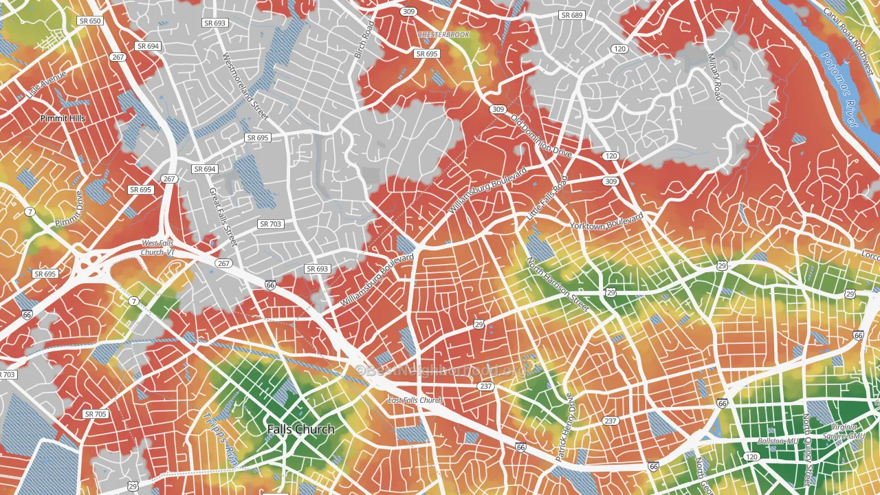 Walk Grade map of Williamsburg, Arlington, VA, walkable areas in green and car-dependent areas in red