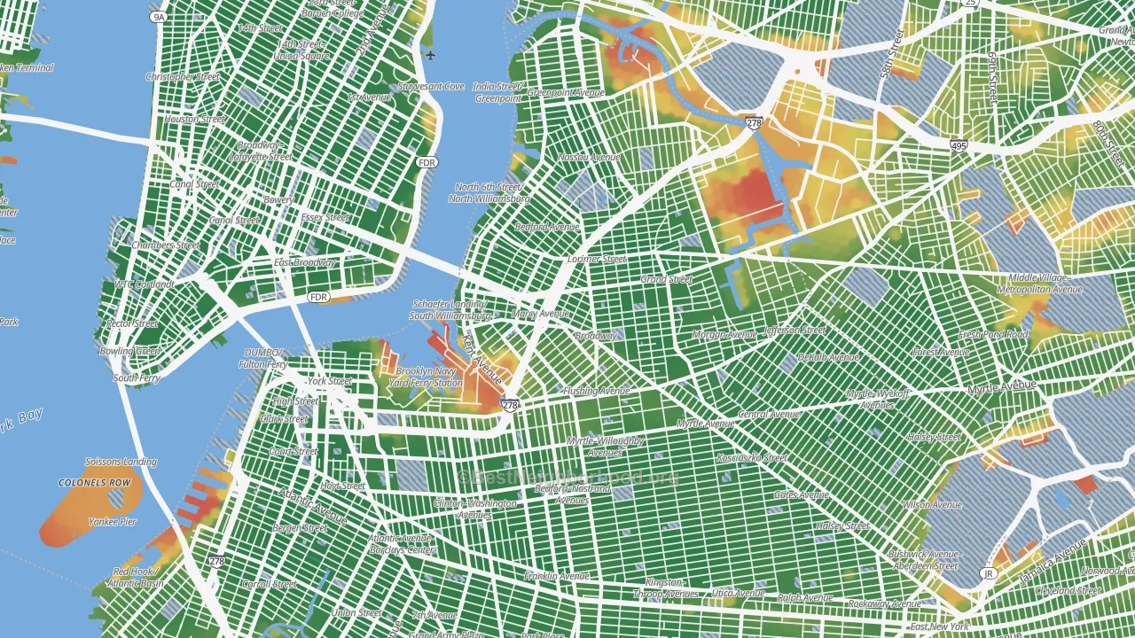 Walk Grade map of Williamsburg, Brooklyn, NY, walkable areas in green and car-dependent areas in red