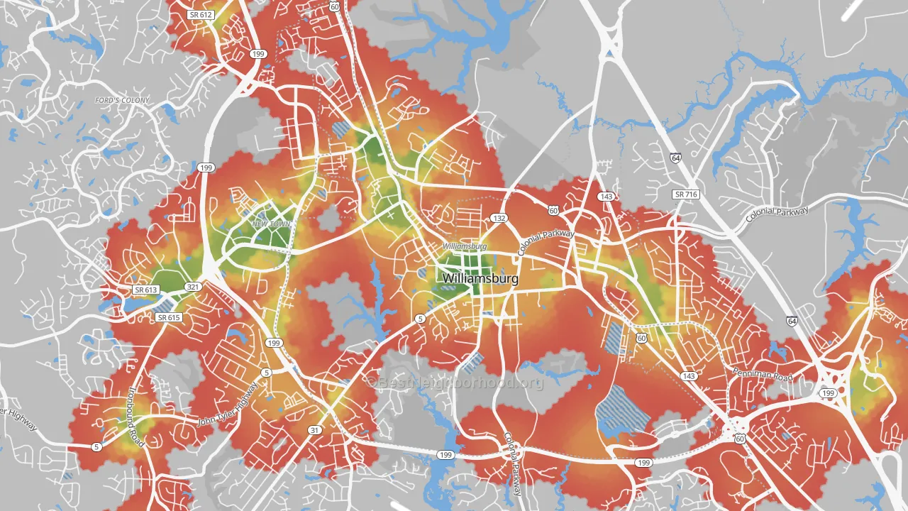 Walk Grade map of Williamsburg City, VA, walkable areas in green and car-dependent areas in red