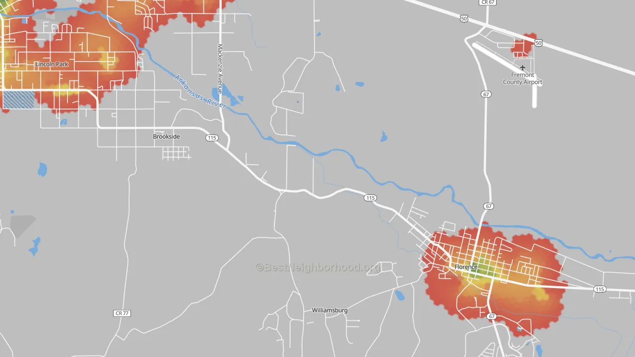 Walk Grade map of Williamsburg, CO, walkable areas in green and car-dependent areas in red