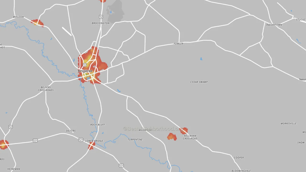 Walk Grade map of Williamsburg County, SC, walkable areas in green and car-dependent areas in red