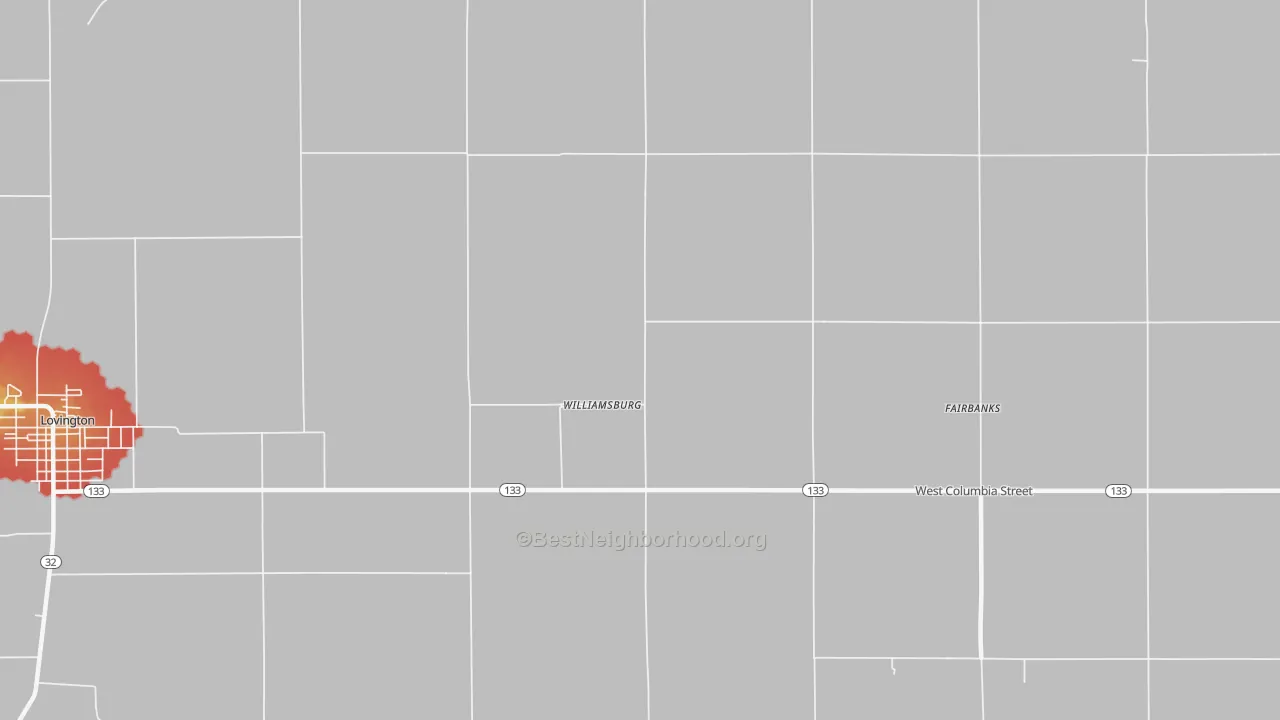 Walk Grade map of Williamsburg, IL, walkable areas in green and car-dependent areas in red
