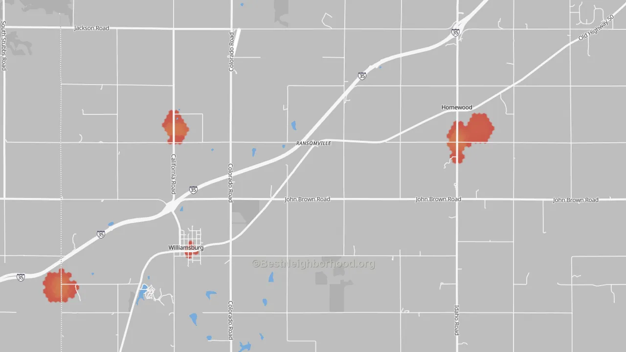 Walk Grade map of Williamsburg, KS, walkable areas in green and car-dependent areas in red