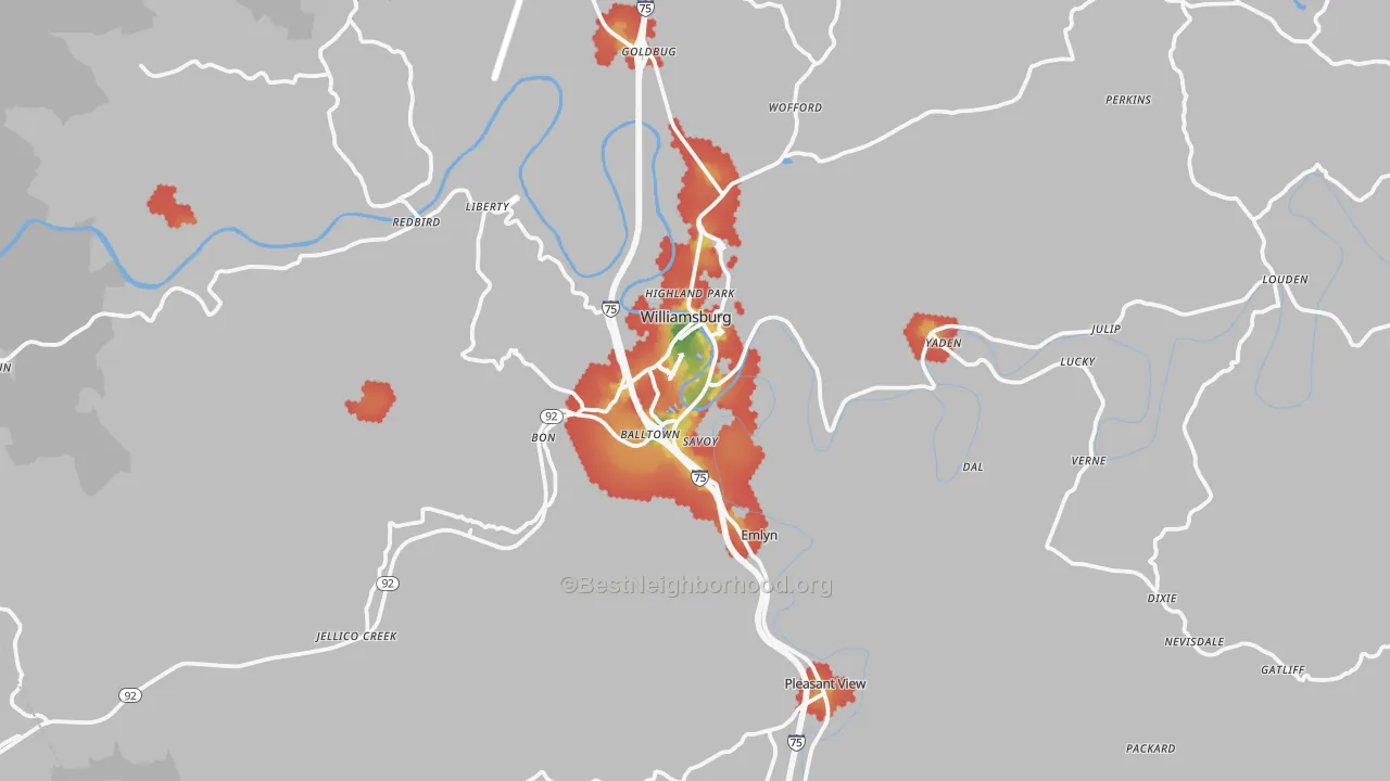 Walk Grade map of Williamsburg, KY, walkable areas in green and car-dependent areas in red