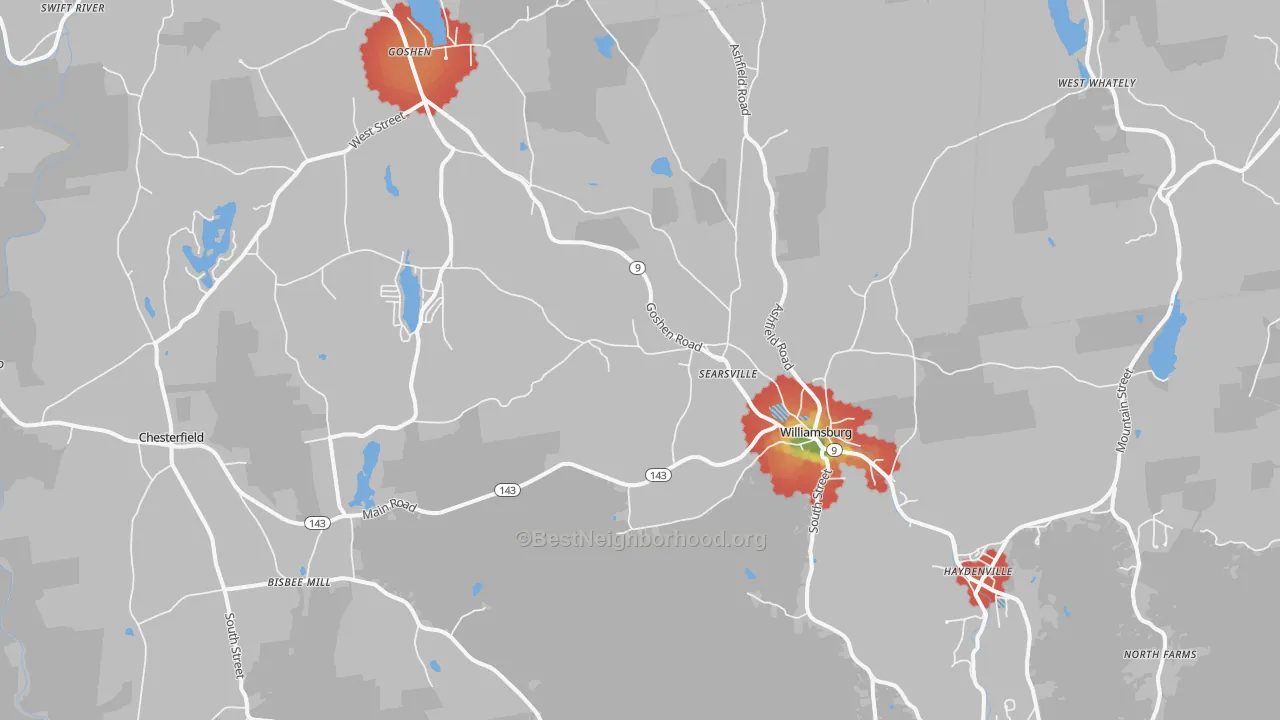 Walk Grade map of Williamsburg, MA, walkable areas in green and car-dependent areas in red