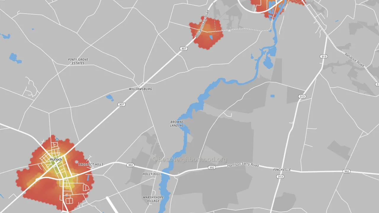 Walk Grade map of Williamsburg, MD, walkable areas in green and car-dependent areas in red