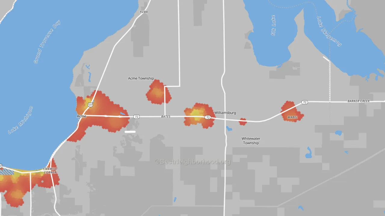 Walk Grade map of Williamsburg, MI, walkable areas in green and car-dependent areas in red