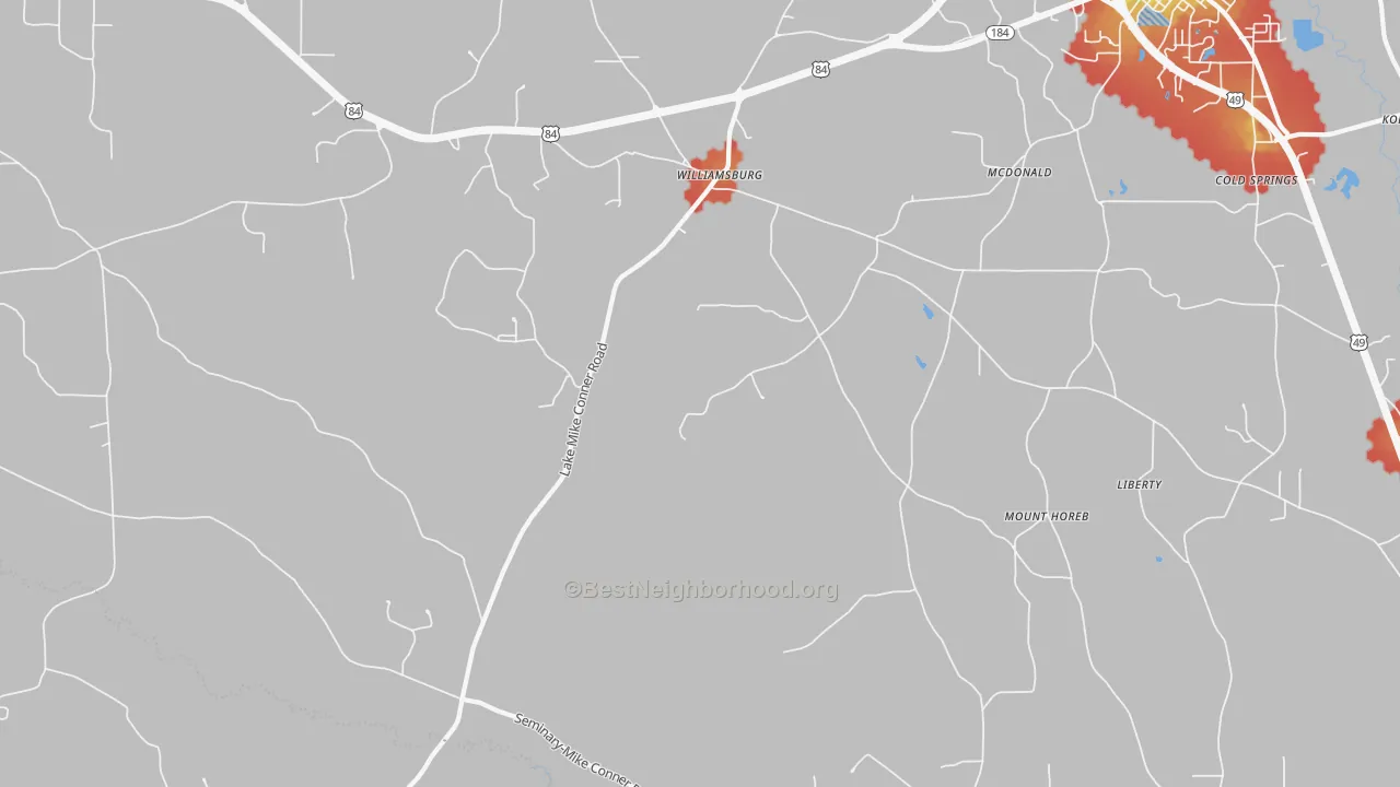 Walk Grade map of Williamsburg, MS, walkable areas in green and car-dependent areas in red