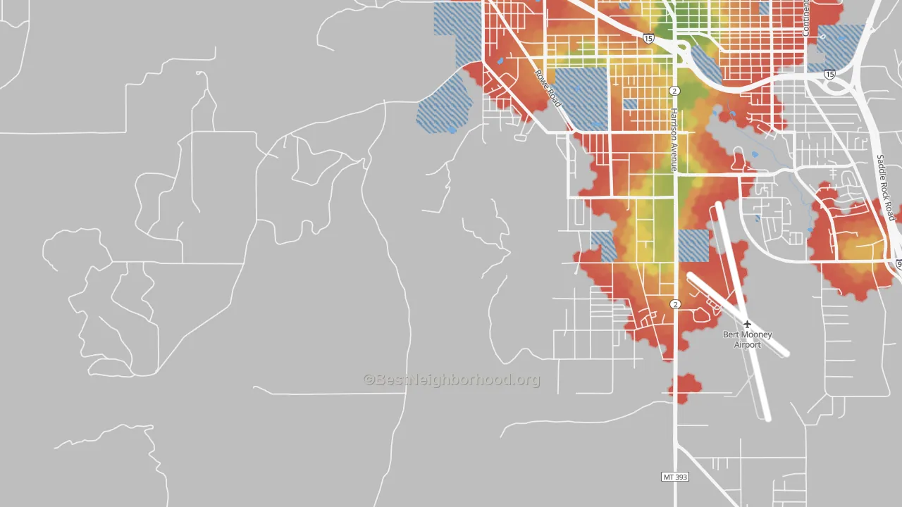 Walk Grade map of Williamsburg, MT, walkable areas in green and car-dependent areas in red