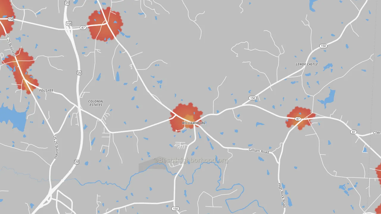 Walk Grade map of Williamsburg, NC, walkable areas in green and car-dependent areas in red